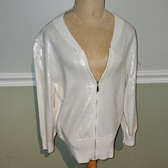 NTW White House Black Market White Sequence Zipped Cardigan. Size Medium - Picture 3 of 8